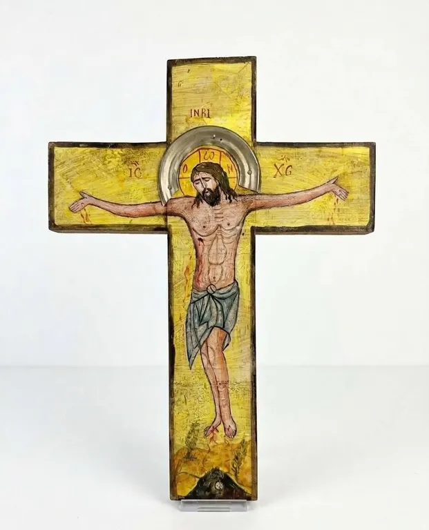 Hand-Painted Wooden Crucifix with Christ Iconography, 15 Inches Tall