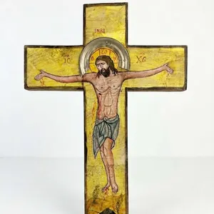 Hand-Painted Wooden Crucifix with Christ Iconography, 15 Inches Tall