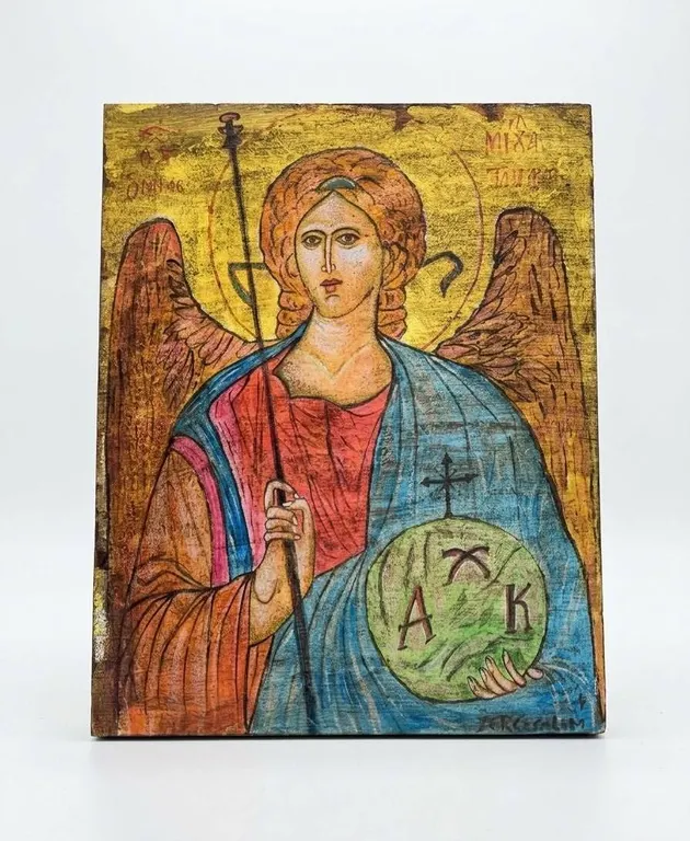 Hand-Painted Religious Icon Depicting Archangel Michael, 12" x 10"