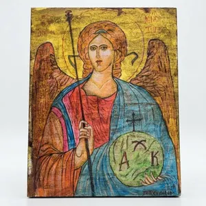 Hand-Painted Religious Icon Depicting Archangel Michael, 12" x 10"