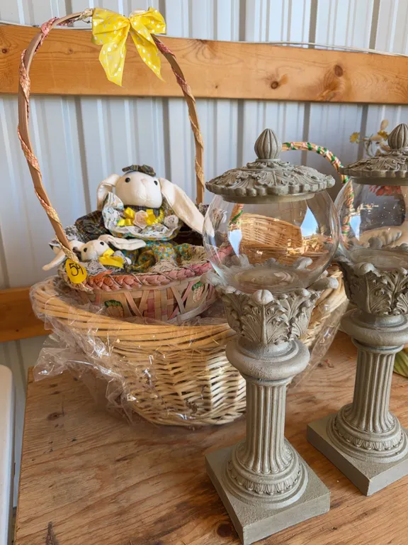 Decorative Bunny Basket & 2 Finial Glass Lanterns
