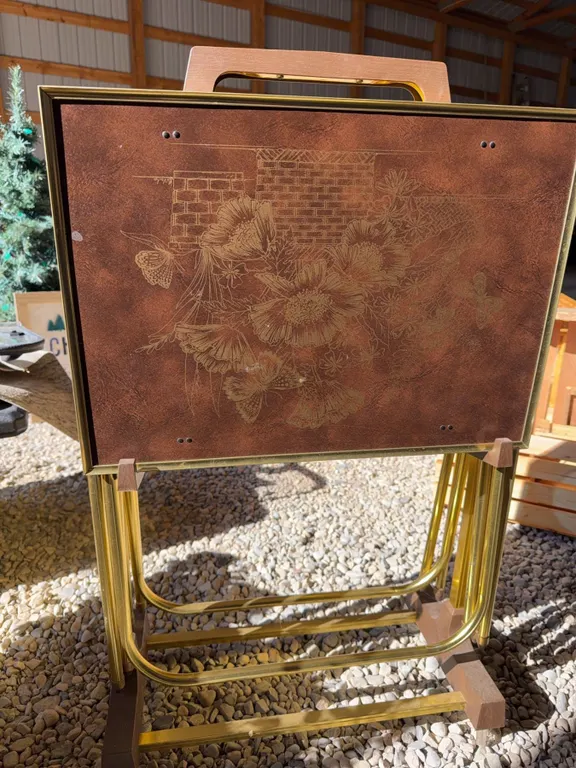 4 Floral Metal TV Trays With Stand