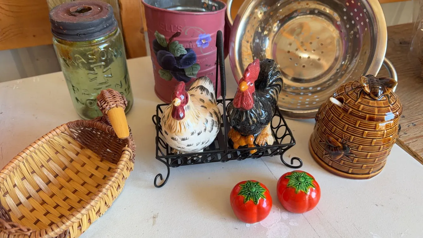 Mason Jar, Rooster Shakers, Basket, Kitchen Lot