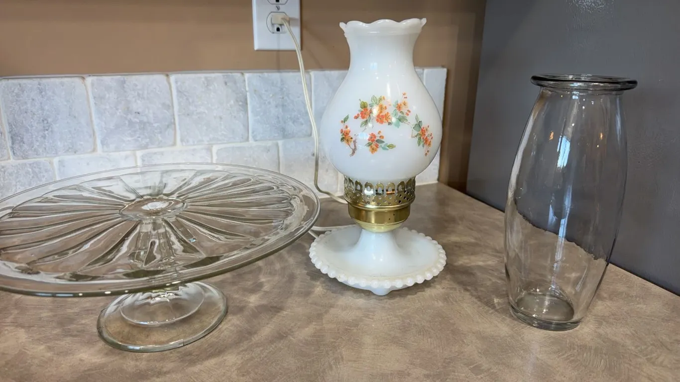 Milk Glass Table Lamp With Floral Design