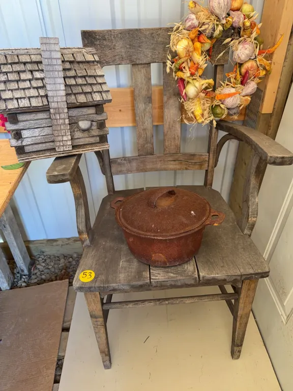 Wooden Chair, Log Cabin Birdhouse, Cast Pot Lot