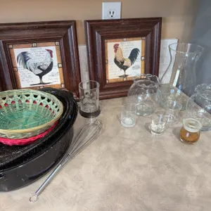Kitchenware, Art Prints, and Baskets Lot