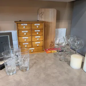 German Spice Cabinet, Glassware, Candles Lot
