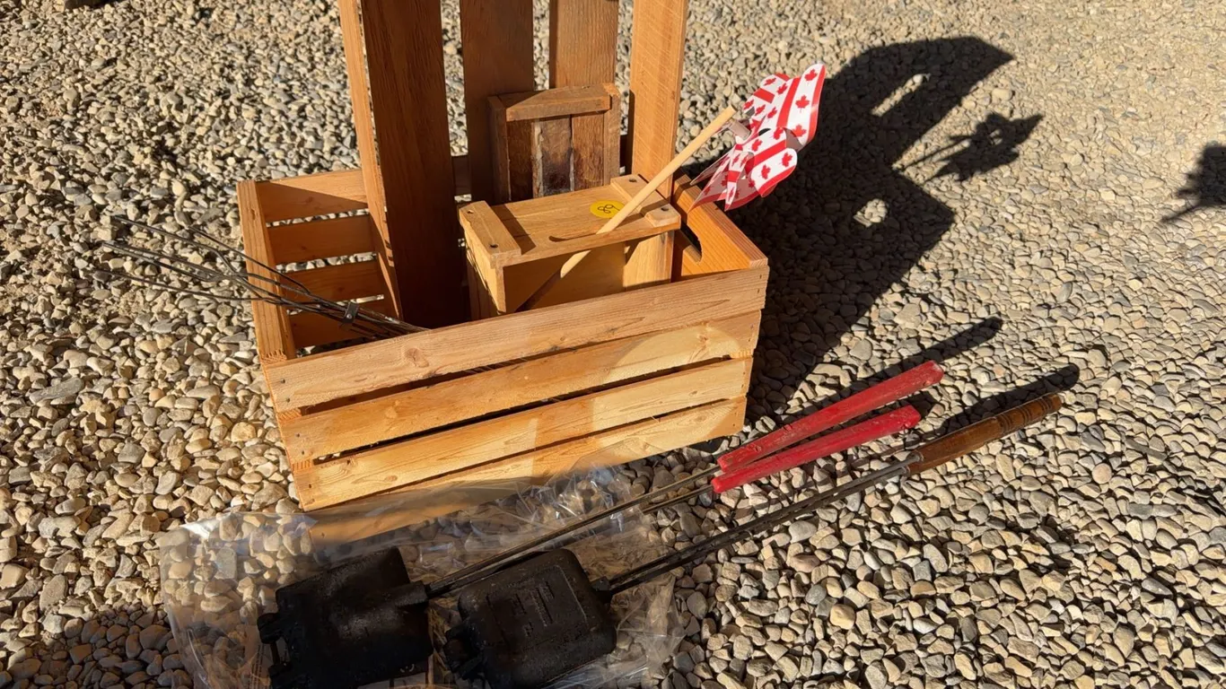 Lot: Wood Crates, Pie Irons, Pinwheel