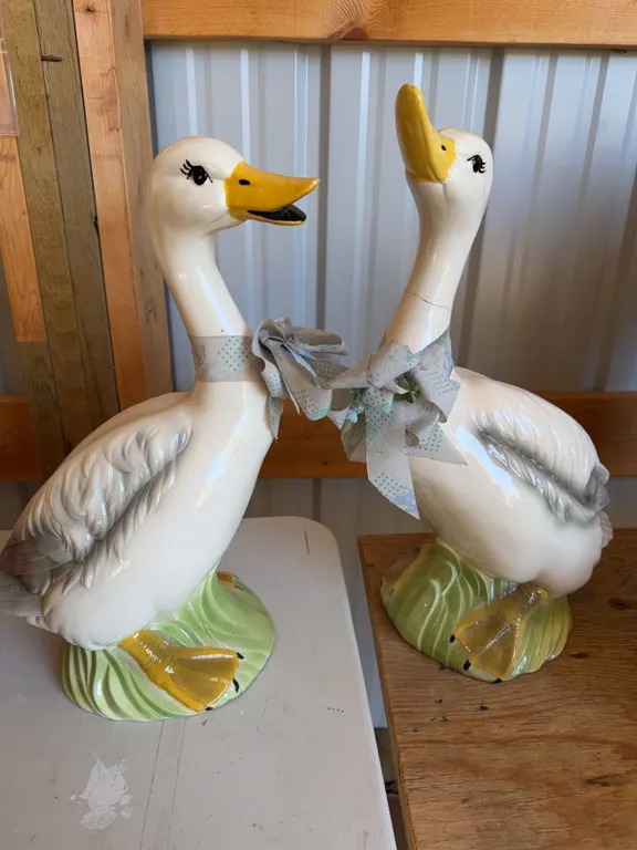 16" Ceramic Duck Figurines With Bows