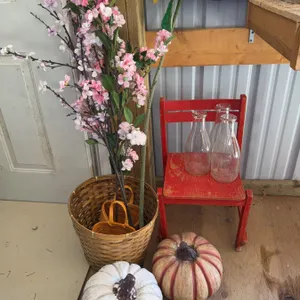 Red Wooden Child's Chair, Bottles, Faux Plants