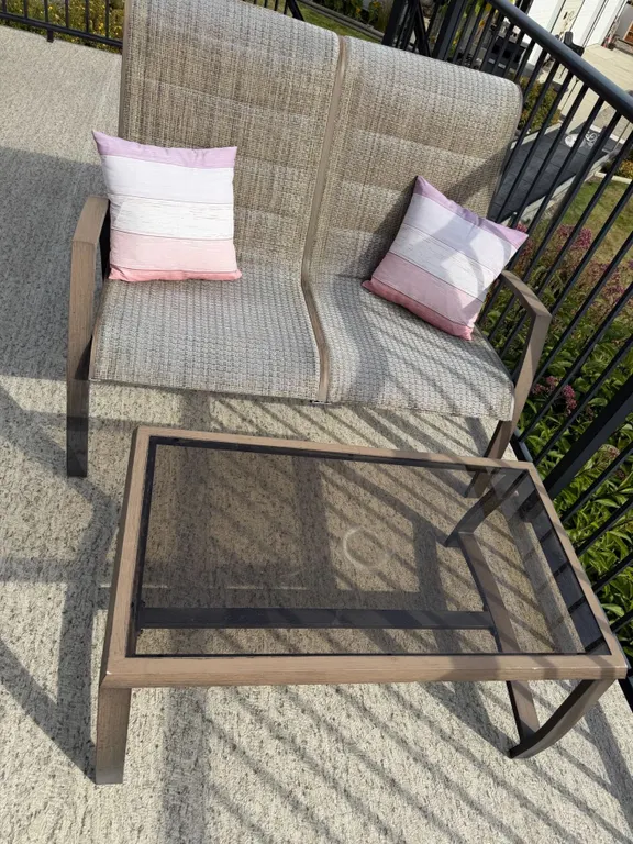 Patio Love Seat With Glass Patio Table Set