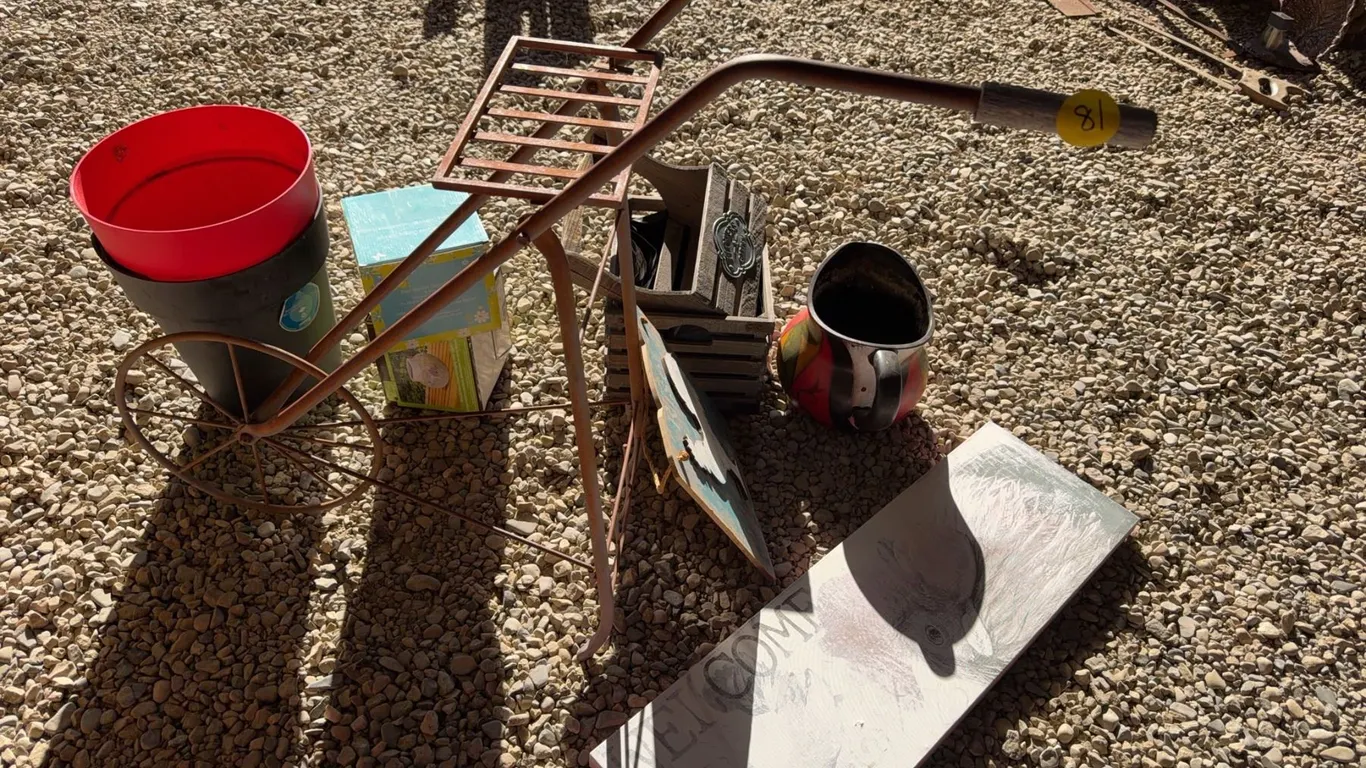 Garden Decor Lot With Stand, Pots, Signs