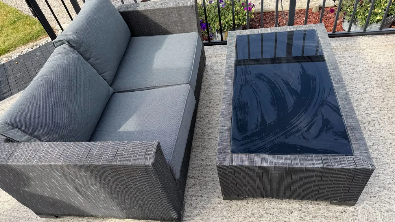Patio Love Seat With Cushions and Table