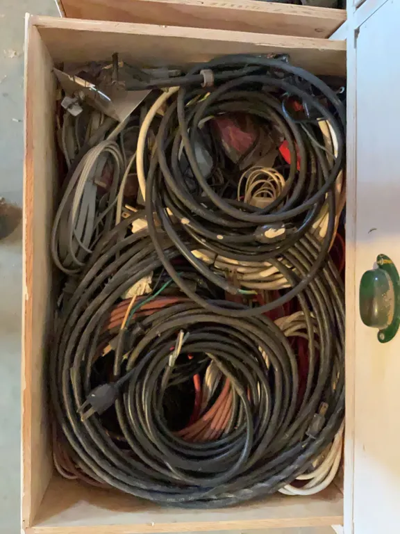 Wood Shop Drawer Lot with Mixed Electrical Wires and Cables