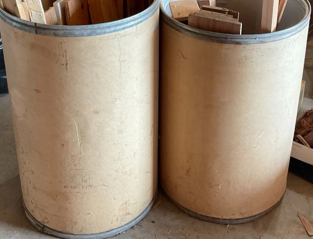 Two Fibre Barrels with Assorted Scrap and Project Wood, Including Some Hardwood