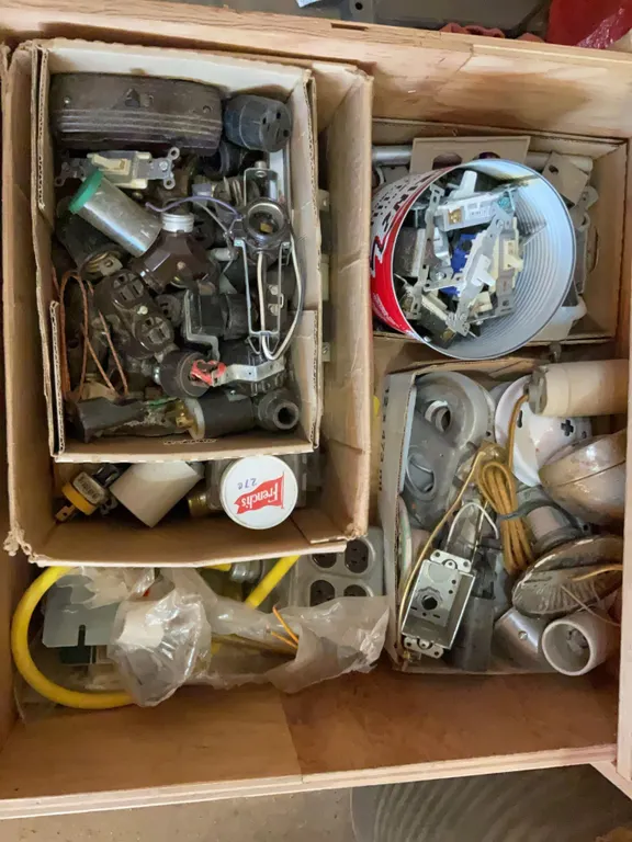 Wood Shop Drawer Lot With Electrical Parts, Outlet Covers, Breakers, Switches, Hardware