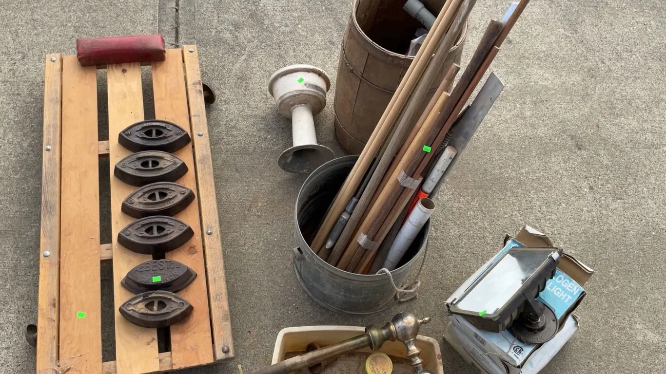 Automotive Creeper, Assorted Cast Iron Irons, Mixed Metal Fixtures, Floodlights and Scrap