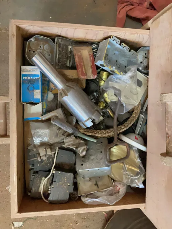 Wood Shop Drawer Lot with Metal Electrical Boxes, Outlets, and Assorted Hardware
