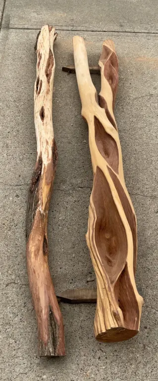 Yew Wood Pieces, One Rough, One Carved, Each Over 66 Inches Long