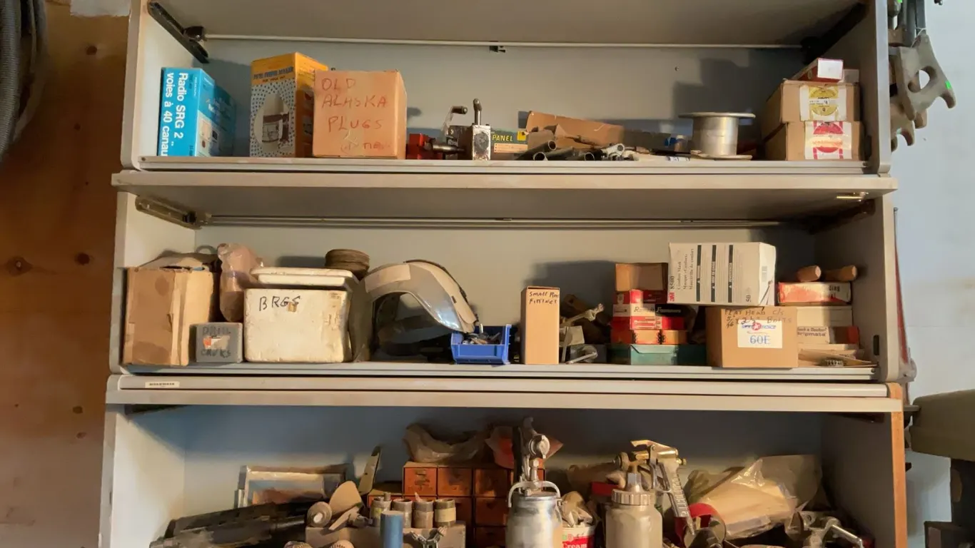 Shop Shelving Lot with Tools, Hardware, and Parts, Includes All Contents on Shelves