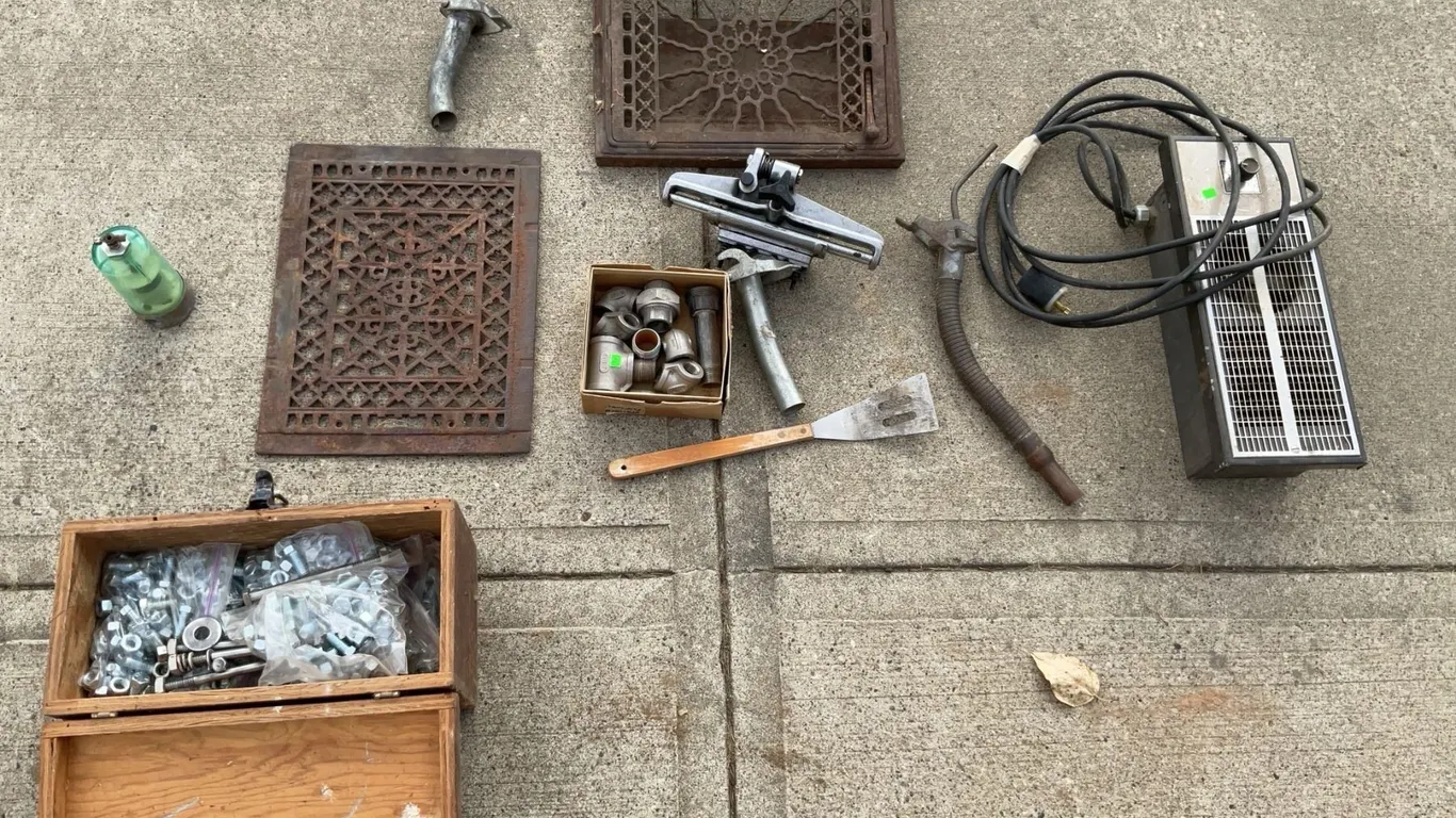 Wooden Box With 25 Lbs. Nuts and Bolts, Cast Iron Grates, Heater, Pipe Fittings and Hardware