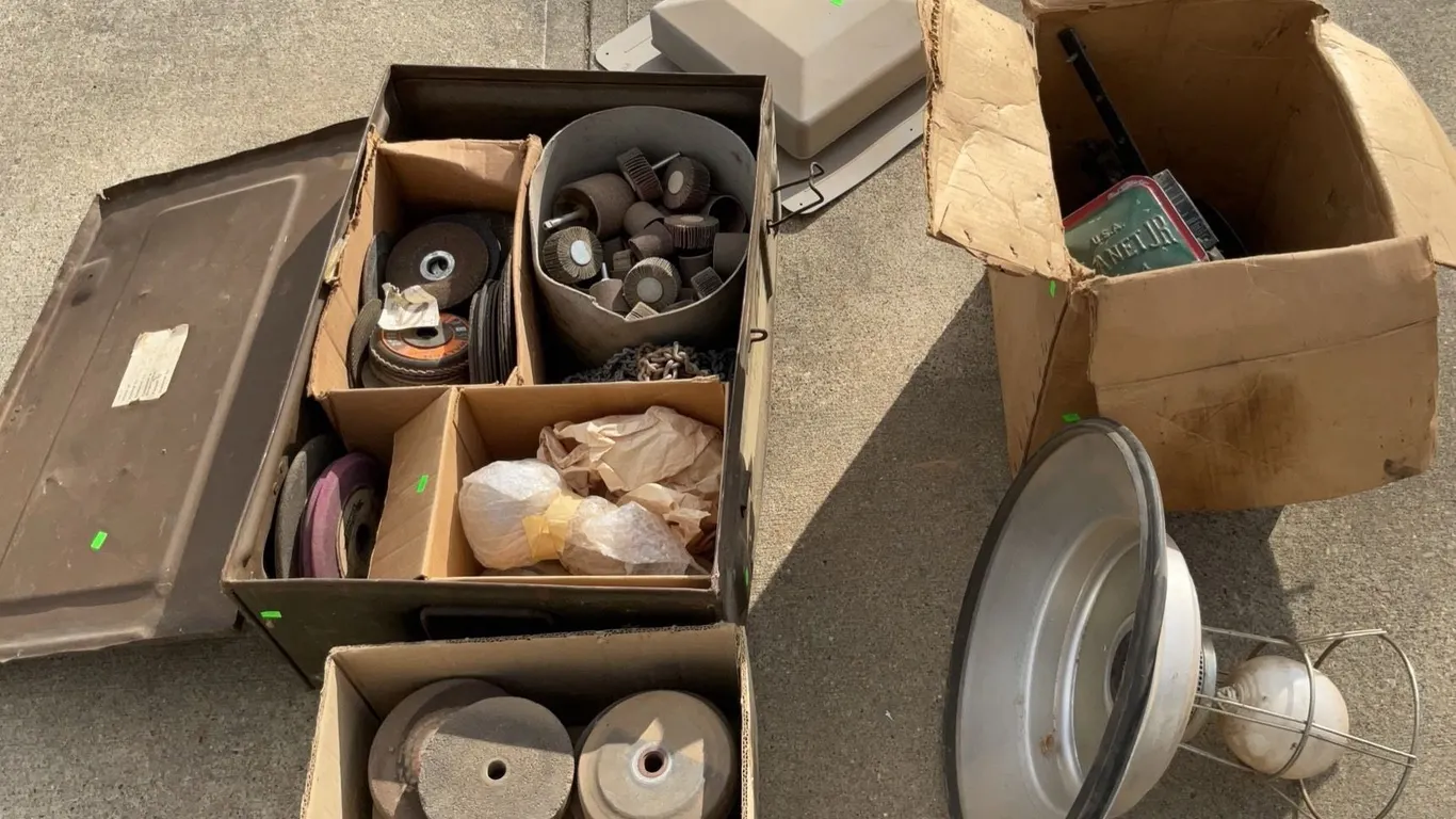 Seed Planter, Grinding Wheels, Flap Discs, and Heavy Metal Storage Box Lot