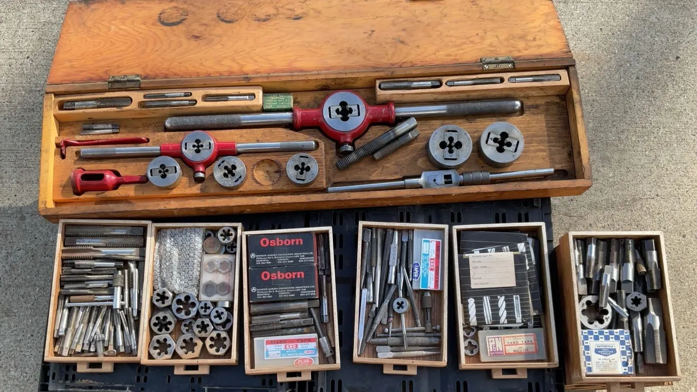 Tap and Die Sets in Solid Wood Boxes With Assorted Dies, Taps, and Handles