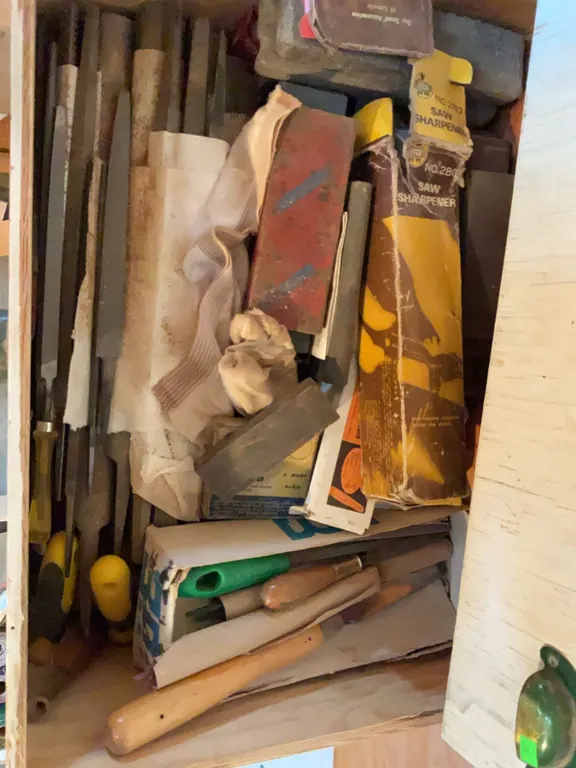 Wood Shop Drawer with Files, Chisels, and Sharpening Stones