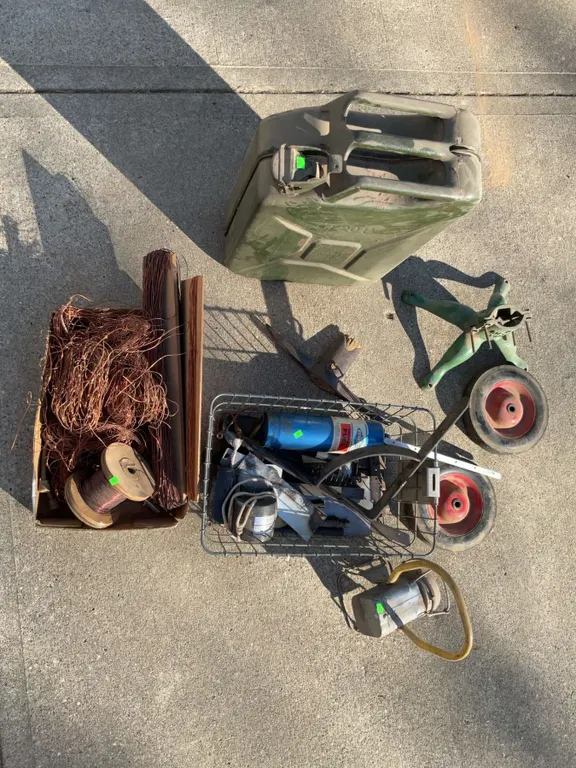 Scrap Copper, 20 L Container, Wheels, Axe Pick Head, Tools and Hardware Assortment