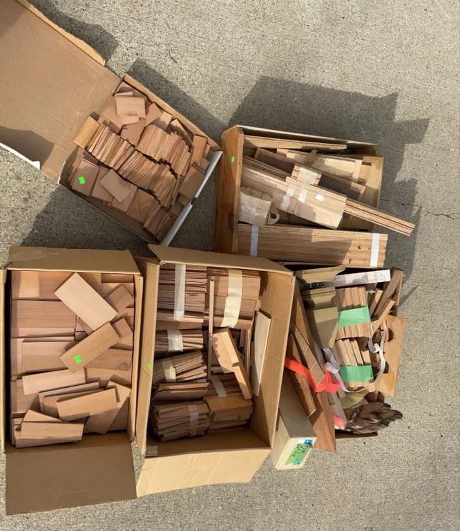 Several Boxes of Fine Grained Handcrafted Wood Wedges or Shingles, Approx. 50 lbs Total