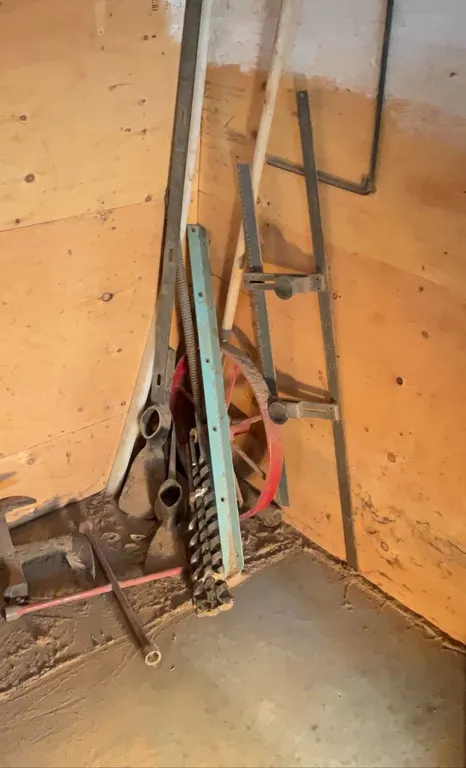 Woodshop Corner Lot with Hand Tools, Metal Parts, Pulleys, and Racks as Pictured