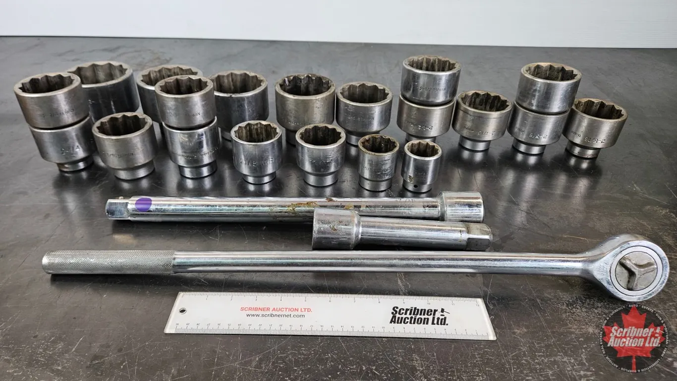 Assorted 1" Drive Sockets & Ratchet
