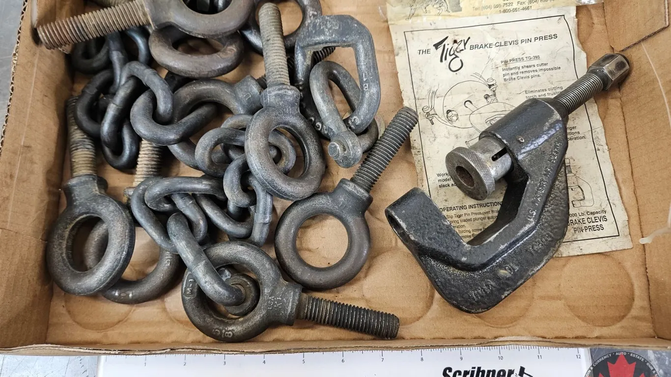 Assorted Eye Bolts, Hooks & Brake Clevis Pin Press