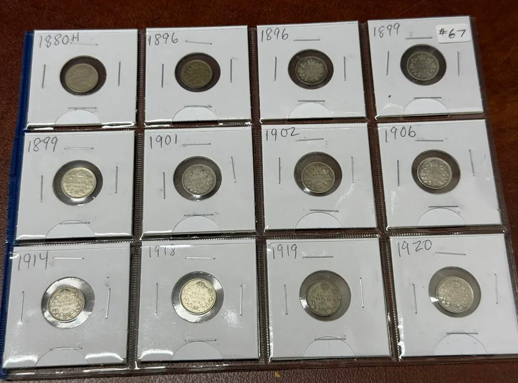 (12) Cdn 5 Cents Silver Coins- 1880H-1920-Nice