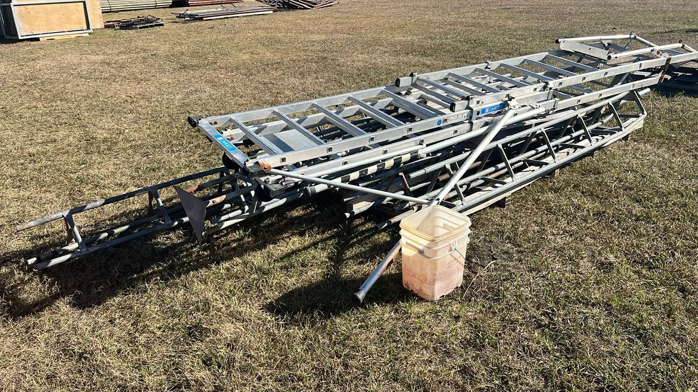 Large Assortment of Galvanized TV Tower Pieces and Zarges Aluminum Warehouse Ladder