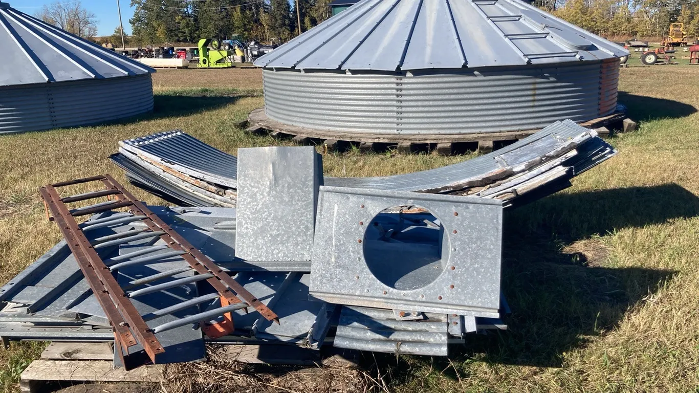 18' Butler Bin Roof and 1 Ring Base with Wood Floor and Assortment of Butler Grain Bins Sheets, Doors, and Lids