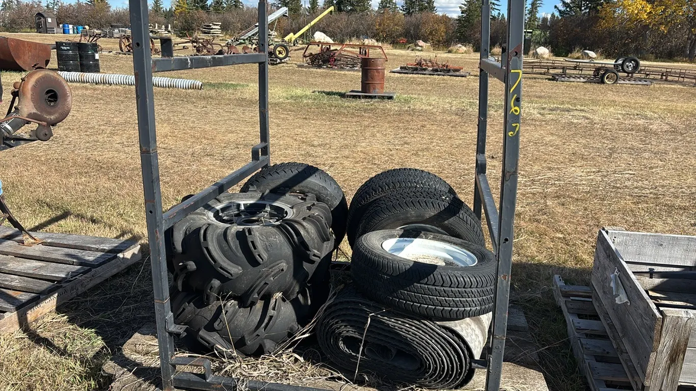 Metal Rack, (2) 28x12-12 Quad Tires with Rims, (4) 185/70R13 Tires with 5 Bolt Steel Rims