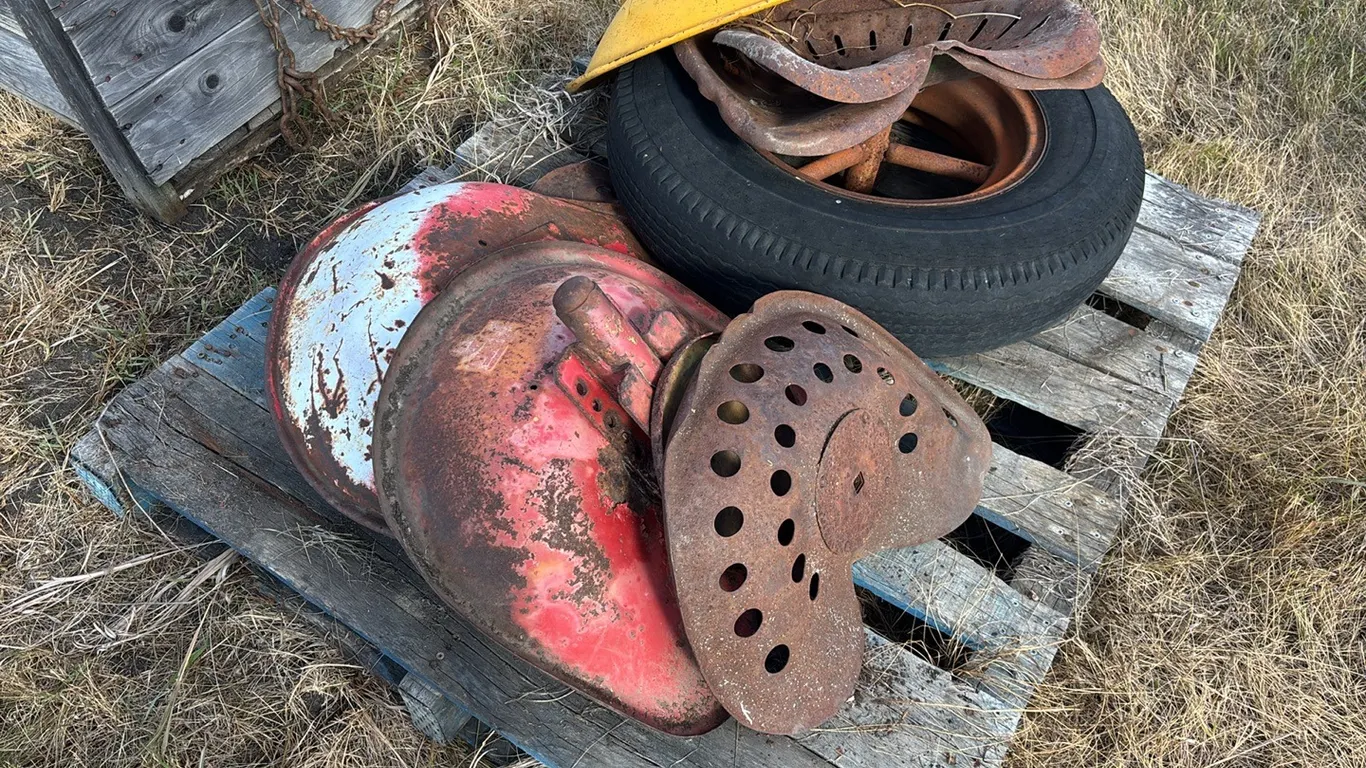 (6) Vintage Various Tractor Seats, (1) Vintage Tire with Rim