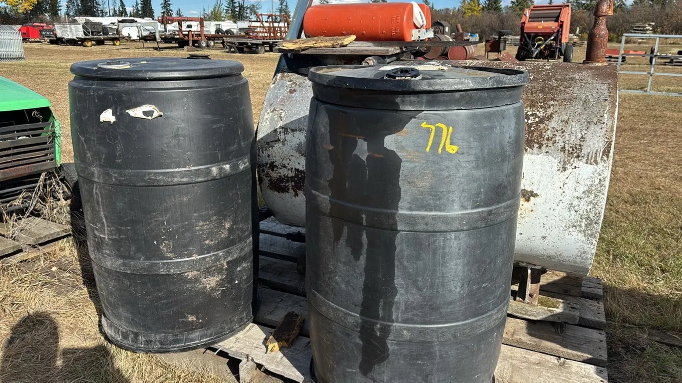 (2) Black Poly 45 Gallon Drums, Metal Storage Tank with Sight Glass, (5) Gallon Poly Water Tank