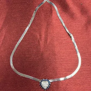 14K WHITE GOLD, DIAMOND HEART PENDANT, SAPPHIRE HERRINGBONE