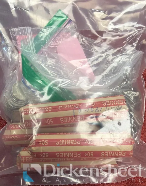 BAG OF (50) WHEAT PENNIES. (50) 90% SILVER DIMES, (4) ROLLS OF PENNIES