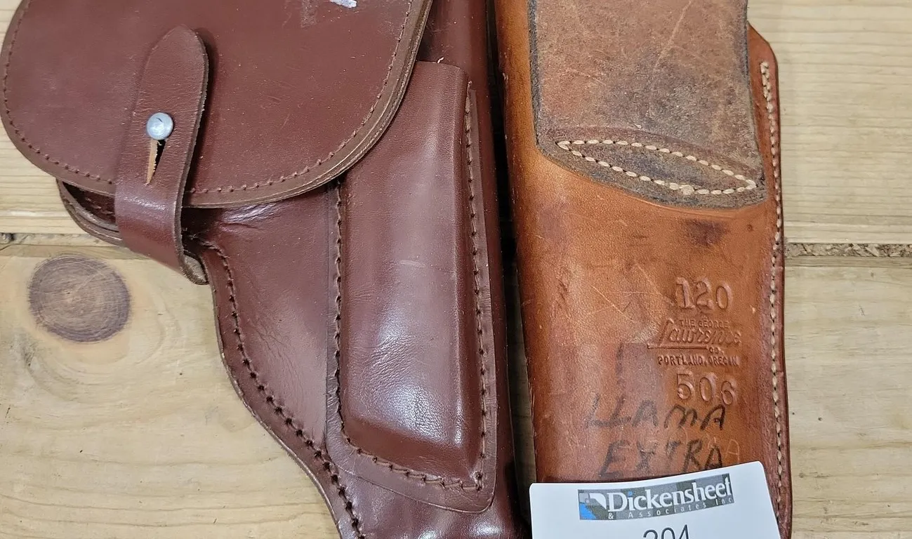 (2) LEATHER HOLSTERS, GEORGE LAWRENCE CO. AND A BROWN MILITARY SIDE HOLSTER