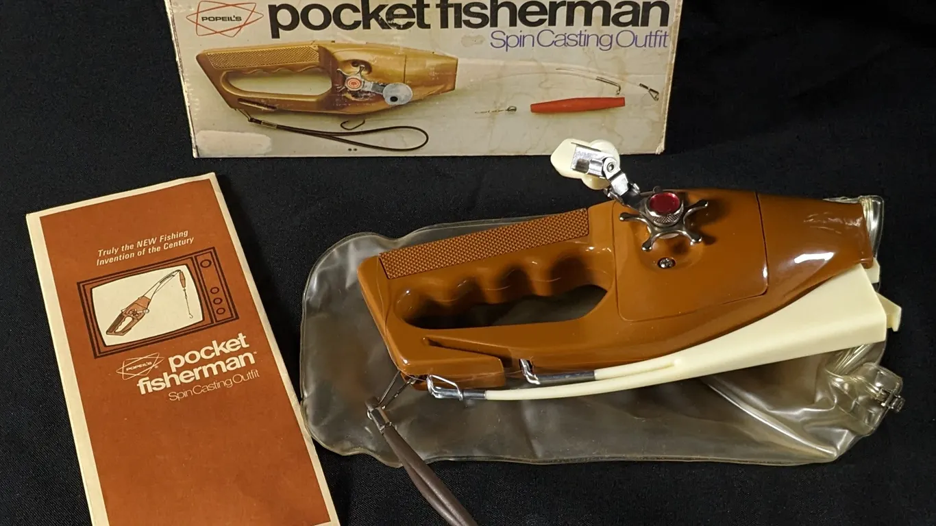 VINTAGE POPEIL'S POCKET FISHERMAN FISHING REEL IN ORIGINAL BOX
