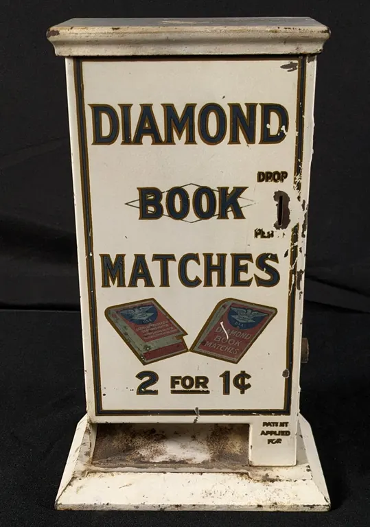 CAST IRON & TIN 1 CENT COIN OPERATED MATCHBOX VENDING MACHINE DIAMOND BOOK MATCHES 2 FOR 1¢
