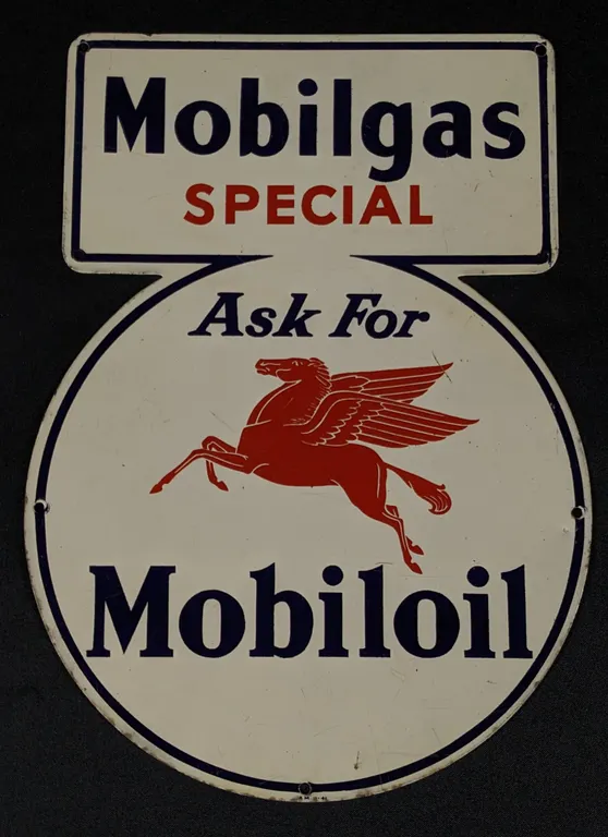 TIN MOBIL GAS PUMP SIGN MOBILGAS SPECIAL GASOLINE ASK FOR MOBILOIL OIL