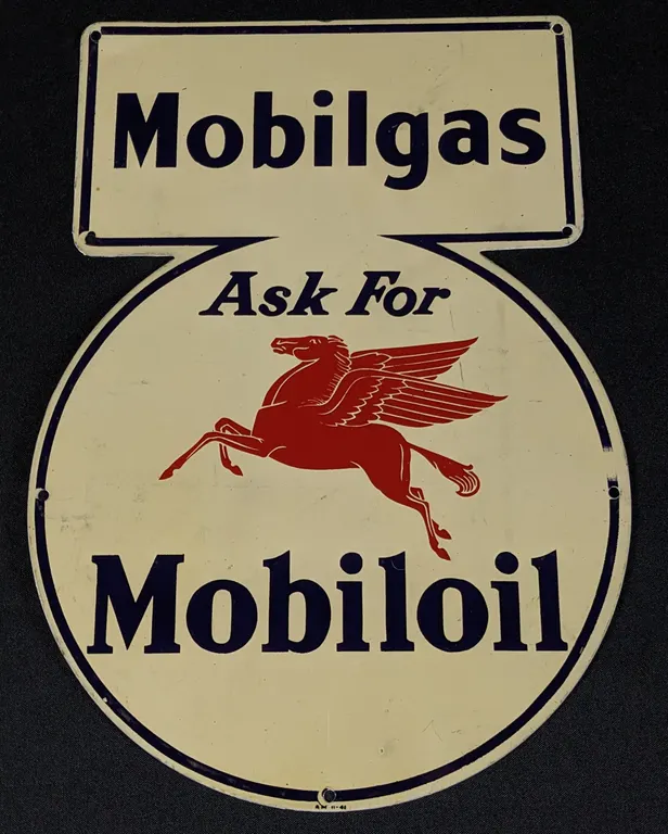 TIN MOBIL GAS PUMP SIGN MOBILGAS GASOLINE ASK FOR MOBILOIL OIL