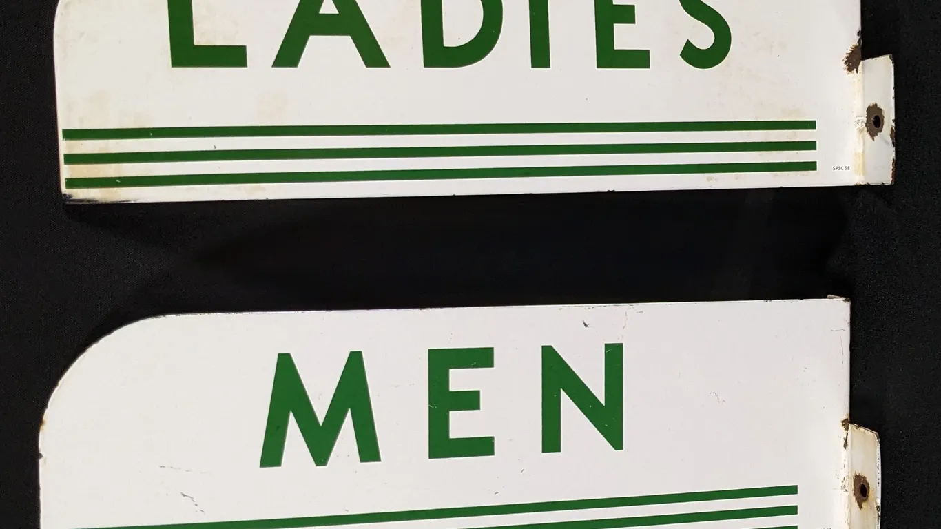 PORCELAIN TEXACO RESTROOM FLANGE SIGNS MEN-LADIES