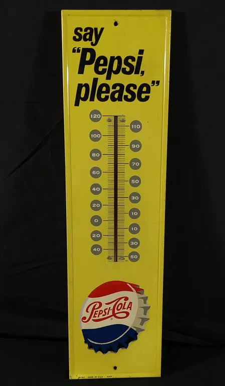 EMBOSSED BOTTLE CAP TIN THERMOMETER SIGN SAY "PEPSI PLEASE"