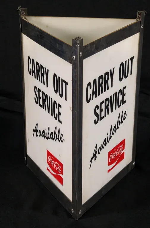 VINTAGE 3 SIDED FIBERGLASS SIGN COCA COLA CARRY OUT SERVICE AVAILABLE