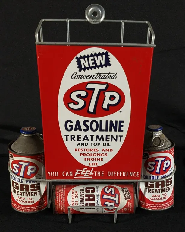 STP GASOLINE TREATMENT OIL CAN RACK WITH TIN SIGN
